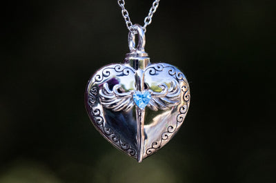 Crystal Heart Urn Necklace, Angel Wing necklace, silver necklace for ash, jewelry for ash, remembrance jewelry, keepsake urn, memorial jewelry
